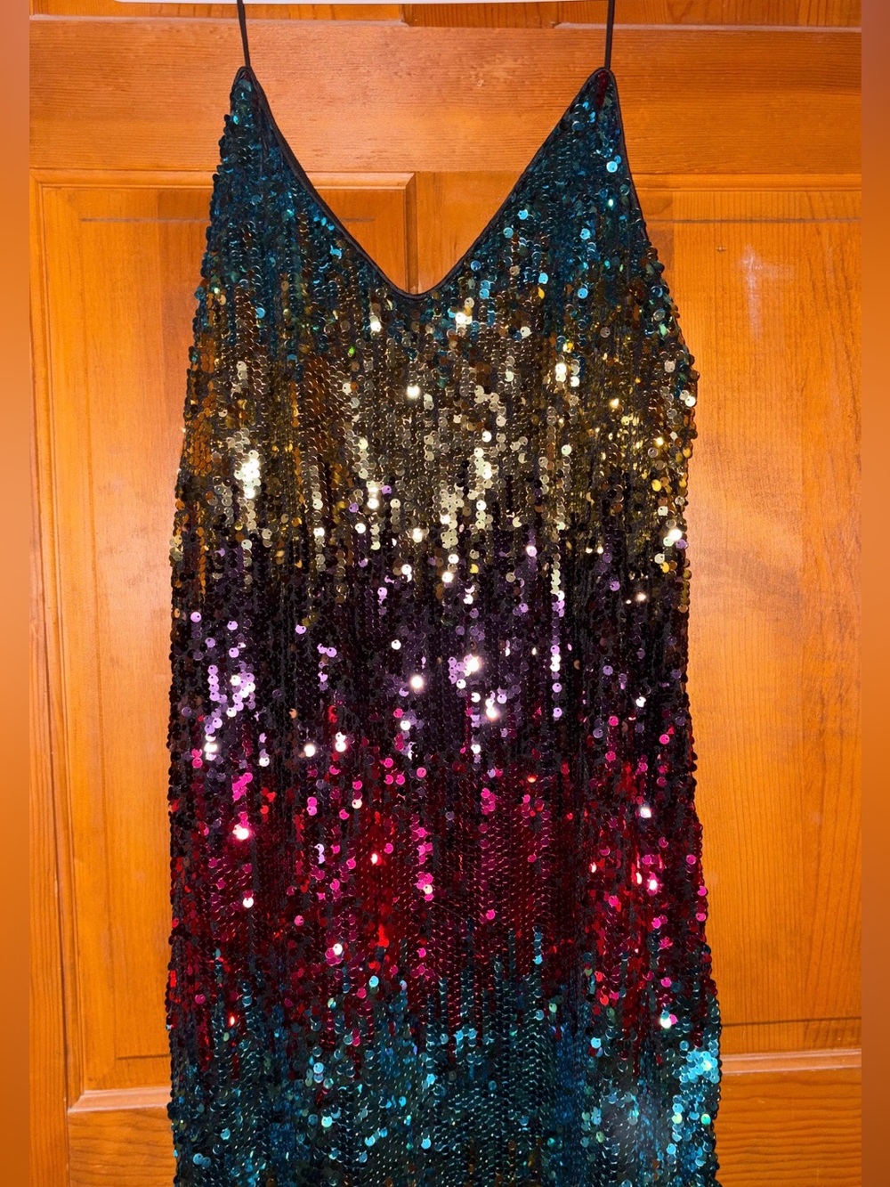 Sequined Ombre Mini Slip Dress in Teal, Black & Fuchsia